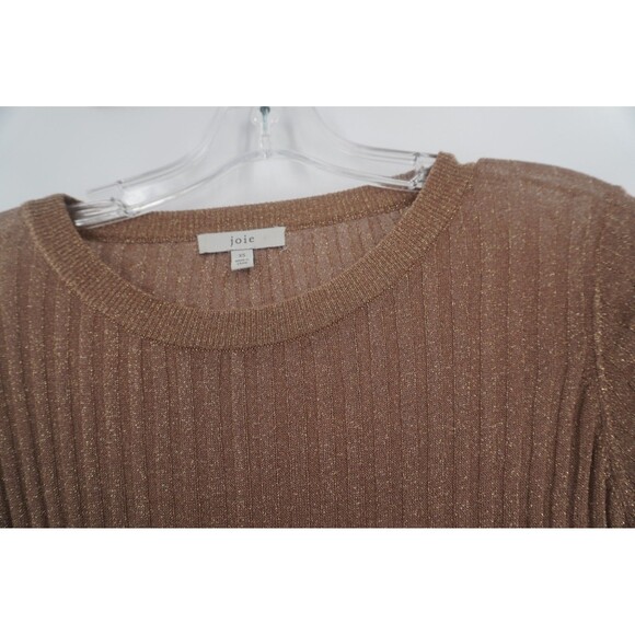 Joie Beza Shimmer Knit Sweater Gold Brown Metallic Ruffle Ribbed Top Size XS - Picture 7 of 12